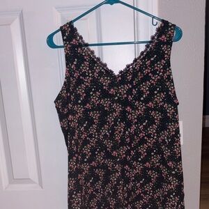 Floral Lace Trim Tank Top - Black and Pink